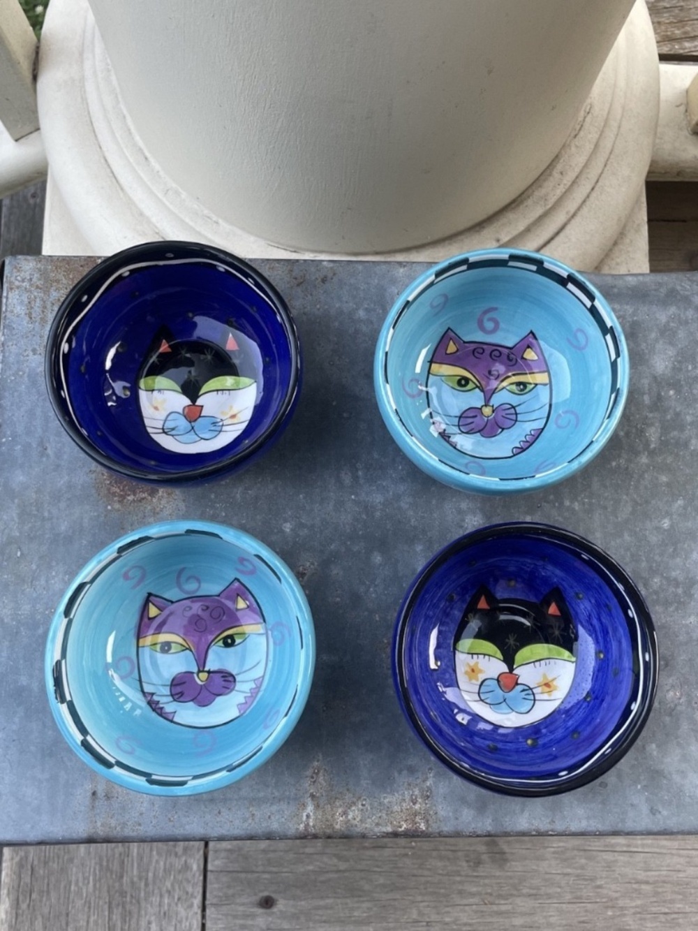 Milson & Louis handpainted Cat mini Ceramic Set of 4 Bowls, blue and multicolor